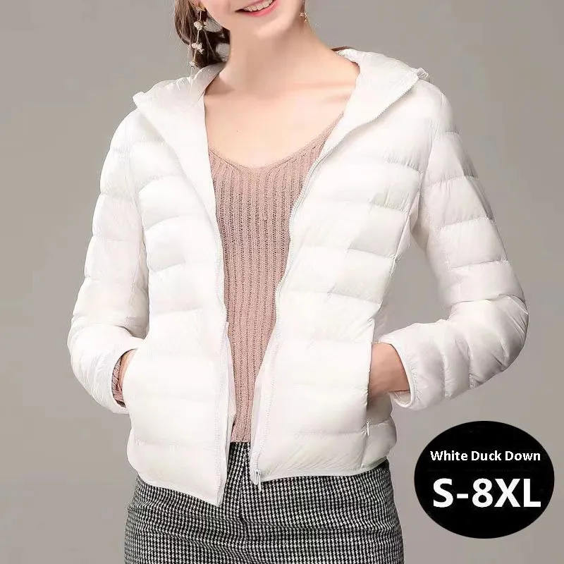 8XL Women White Duck Down Jackets 6XL 5XL Female Ultra Light Duck Down Coats Autumn Winter Warm Hooded Hiking Outwear Portable