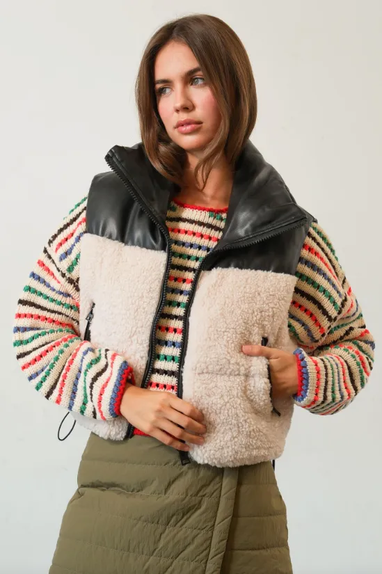 Alexa Sherpa & Vegan Leather Puffer Vest