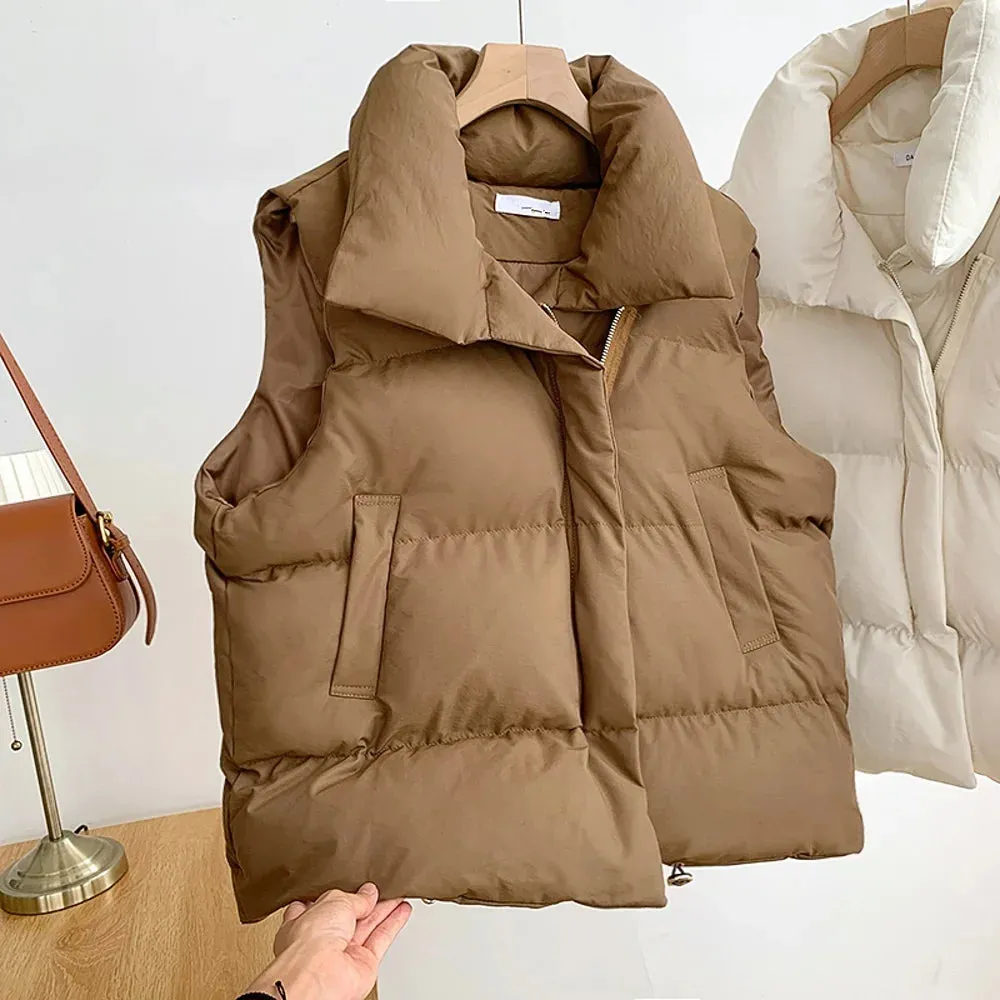 Autumn Winter Women Casual Loose Thicken Jacket Coat Mock Neck Zipper Up Solid Warm Vest Coat For Women Puffer Jackets 2023