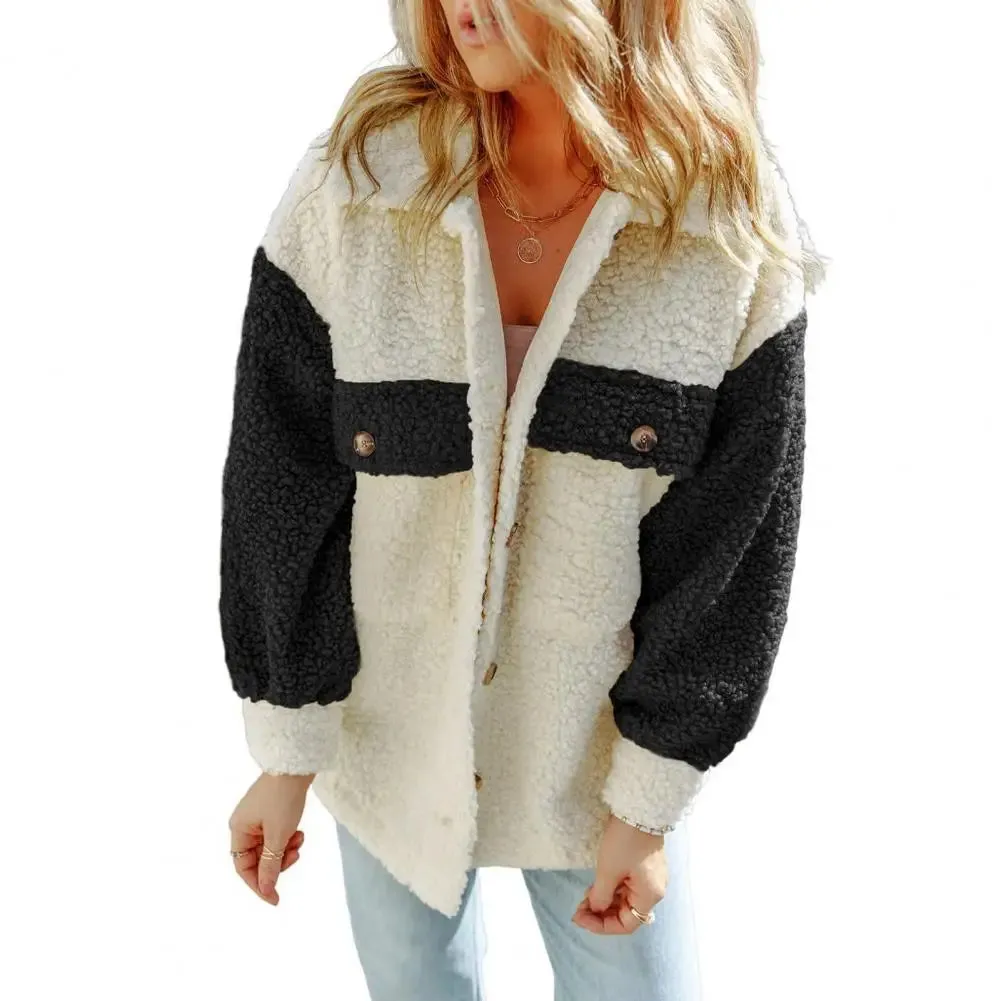 Autumn Women Lapel Pockets Long Sleeve Single Breasted Color Block Furry Outwear Jacket Coat