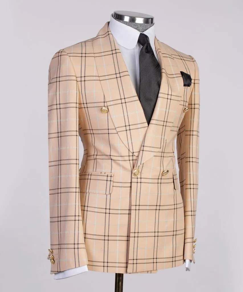 Beige Double-Breasted Check Suit