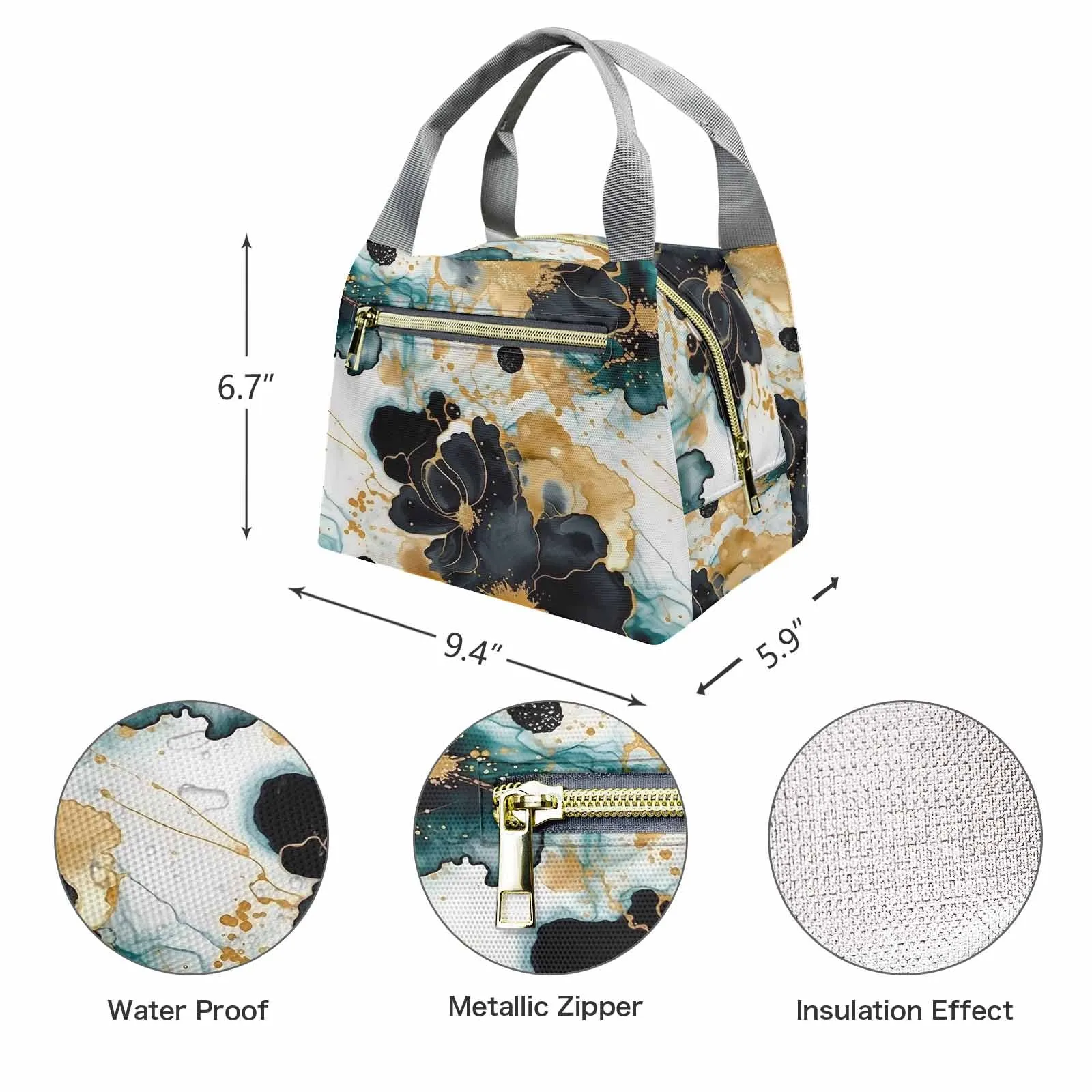 Black Gold & Green Ink Floral  Portable Lunch Bag-Grey Handle