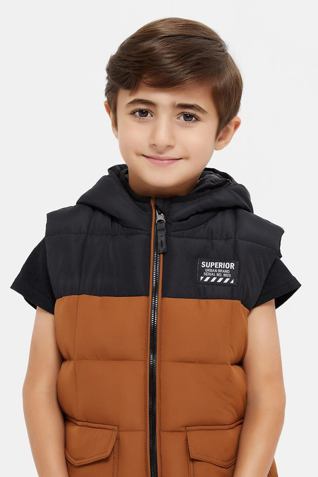 Boys Black And Brown Paneled Vest Jacket