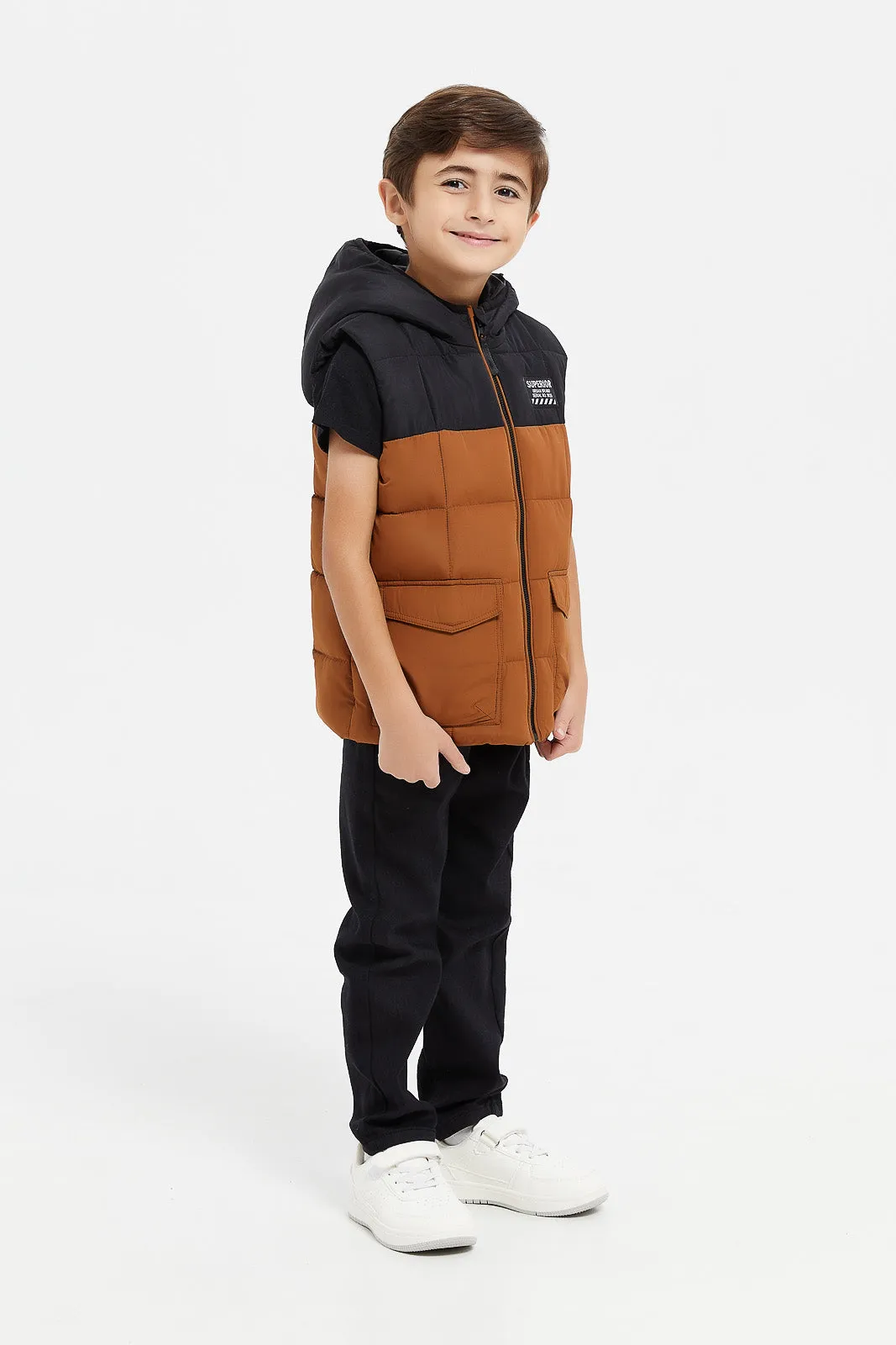 Boys Black And Brown Paneled Vest Jacket