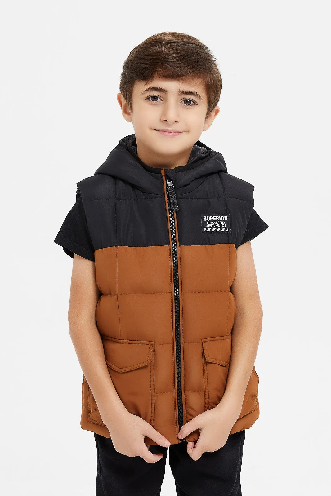 Boys Black And Brown Paneled Vest Jacket