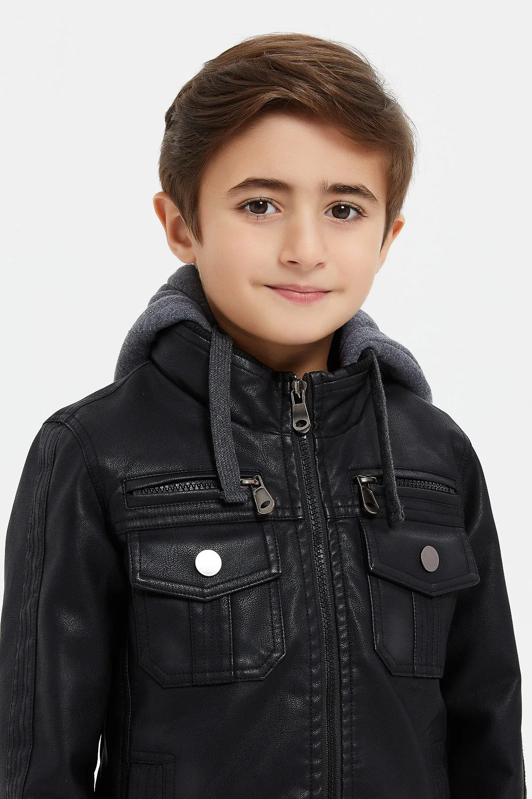 Boys Black Hooded Biker Jacket