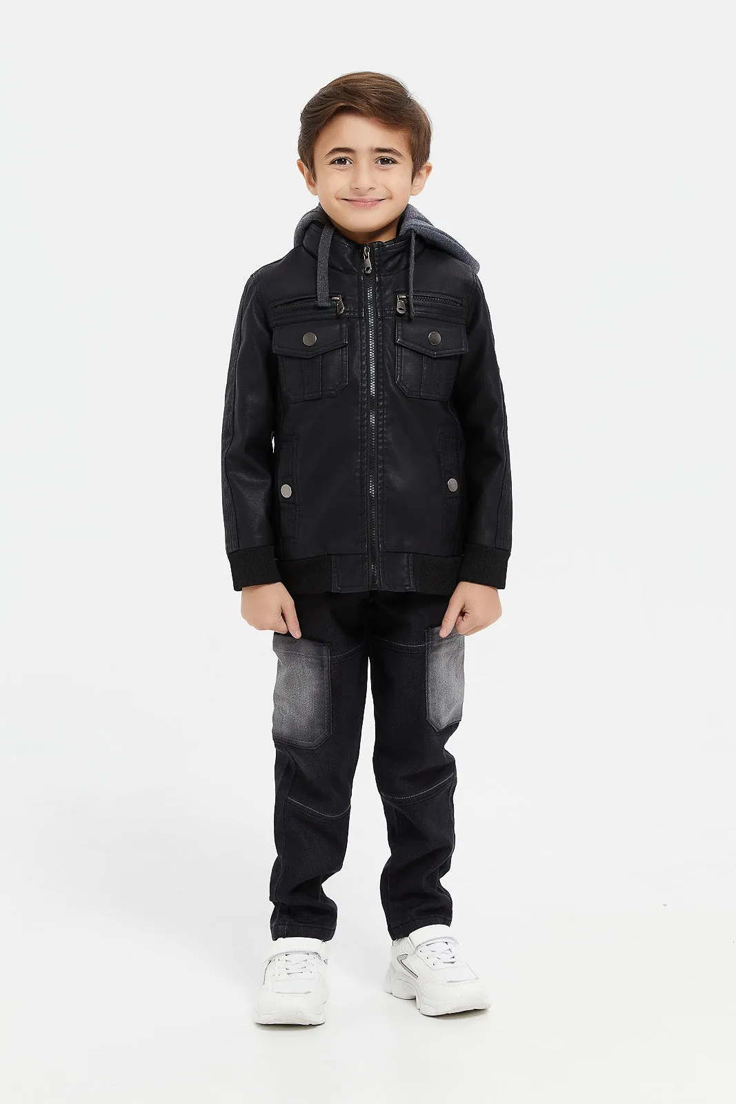 Boys Black Hooded Biker Jacket