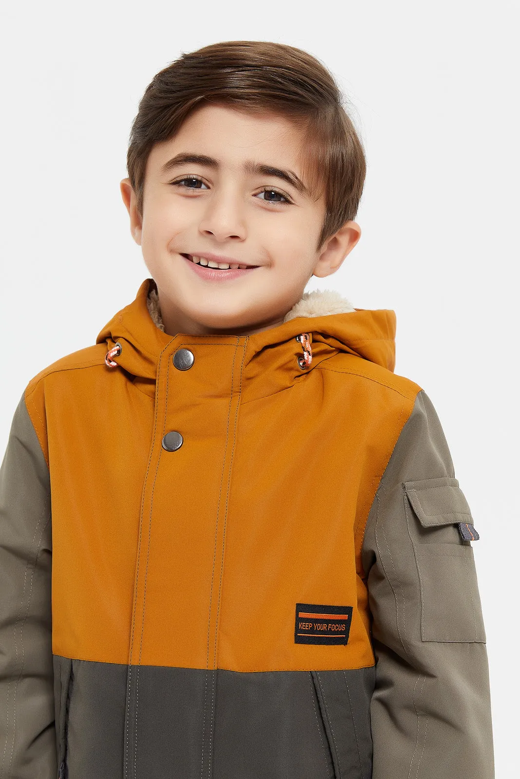 Boys Mustard And Grey Fur Lining Hooded Jacket