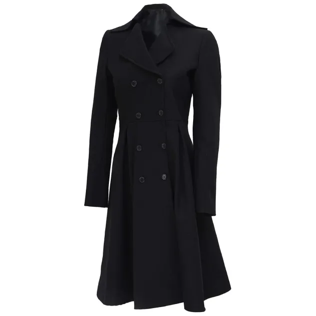 Carol Women's Elegant Black Double Breasted Long Wool Trench Coat