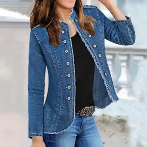 Casual Jackets Ladies Single Breasted Slim Vintage Blue Washed Long Sleeve Plus Size Coat