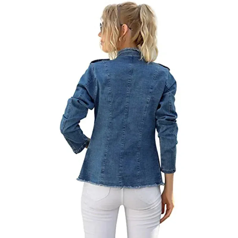 Casual Jackets Ladies Single Breasted Slim Vintage Blue Washed Long Sleeve Plus Size Coat