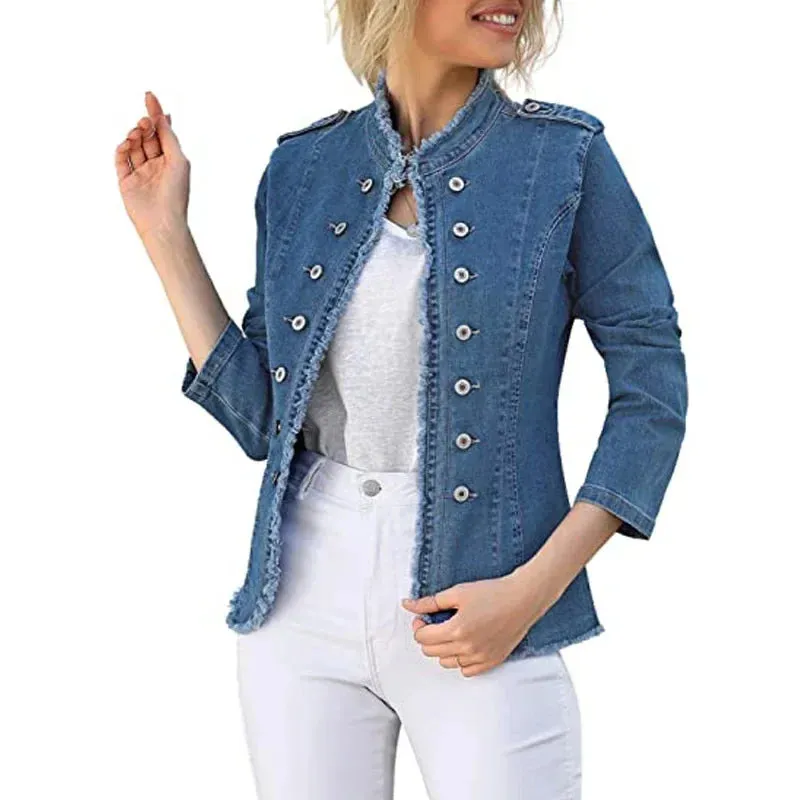 Casual Jackets Ladies Single Breasted Slim Vintage Blue Washed Long Sleeve Plus Size Coat