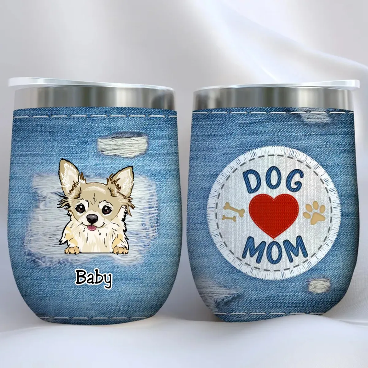 Dog Lovers - Dog Mom Jeans Texture - Personalized Wine Tumbler (VT)