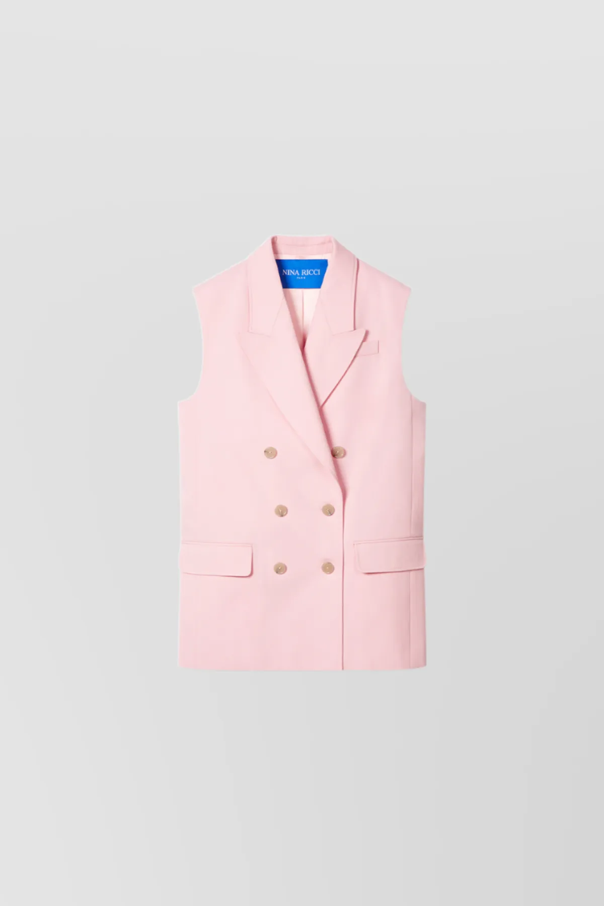 Double breasted sleeveless wool gabardine blazer