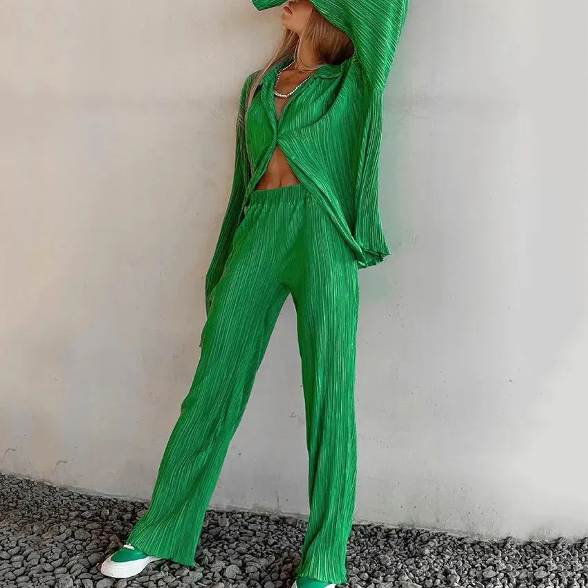 Elegant Green Y2k 90s Long Sleeve Button Down Wide Leg Casual Solid Chic Set