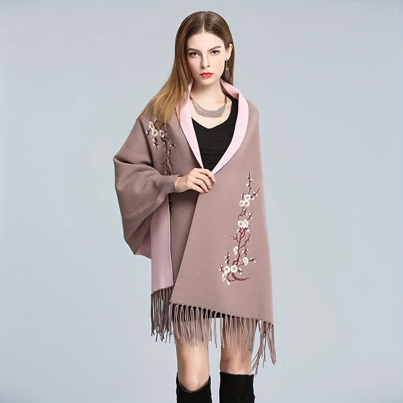 Exquisite Plum Blossom Embroidered Shawl Scarf - Reversible Solid Color with Tassel Detail - Luxurious Cape-Style Knit Wrap for Ultimate Warmth & Windproof Style - 1 Complimentary Brooch Included