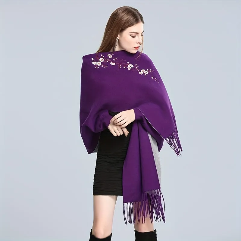 Exquisite Plum Blossom Embroidered Shawl Scarf - Reversible Solid Color with Tassel Detail - Luxurious Cape-Style Knit Wrap for Ultimate Warmth & Windproof Style - 1 Complimentary Brooch Included