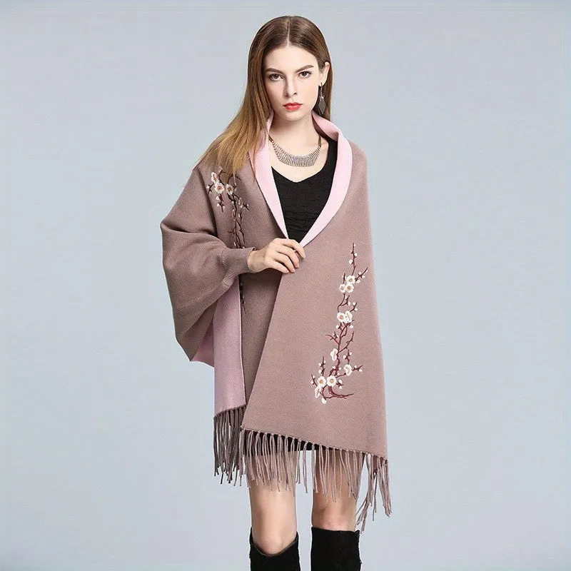 Exquisite Plum Blossom Embroidered Shawl Scarf - Reversible Solid Color with Tassel Detail - Luxurious Cape-Style Knit Wrap for Ultimate Warmth & Windproof Style - 1 Complimentary Brooch Included