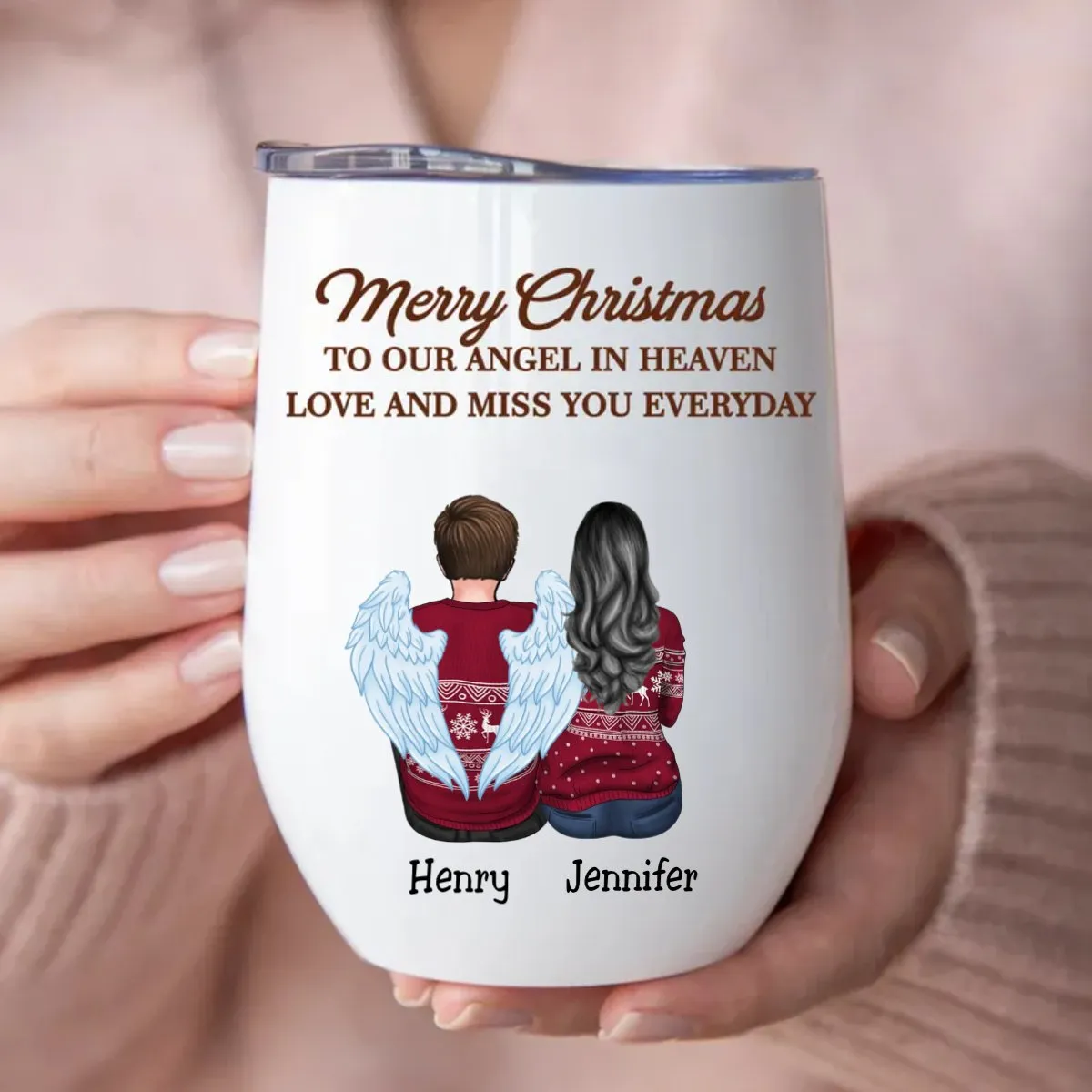 Family - Merry Christmas To Our Angel In Heaven Love And Miss You Everyday - Personalized Wine Tumbler (VT)