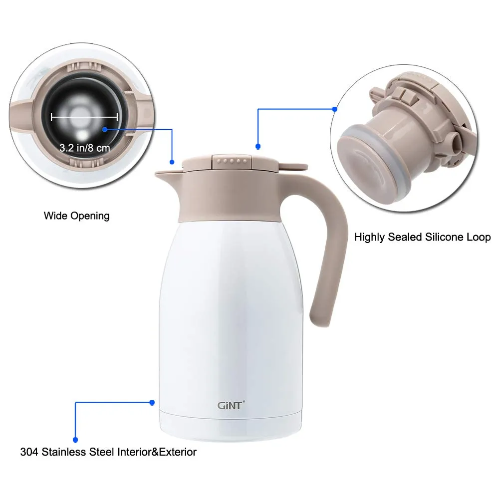 GiNT Stainless Steel Thermal Coffee Carafe with Lid/Double Walled Vacuum Thermos / 12 Hour Heat Retention,1.5L, White