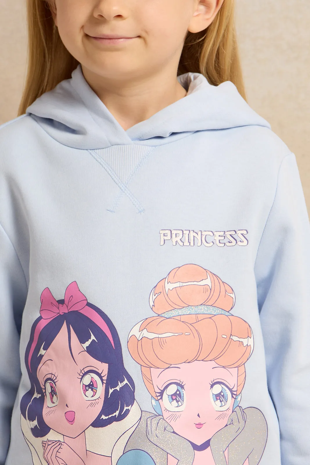 Girls Blue Princess Print Hooded Sweatshirt