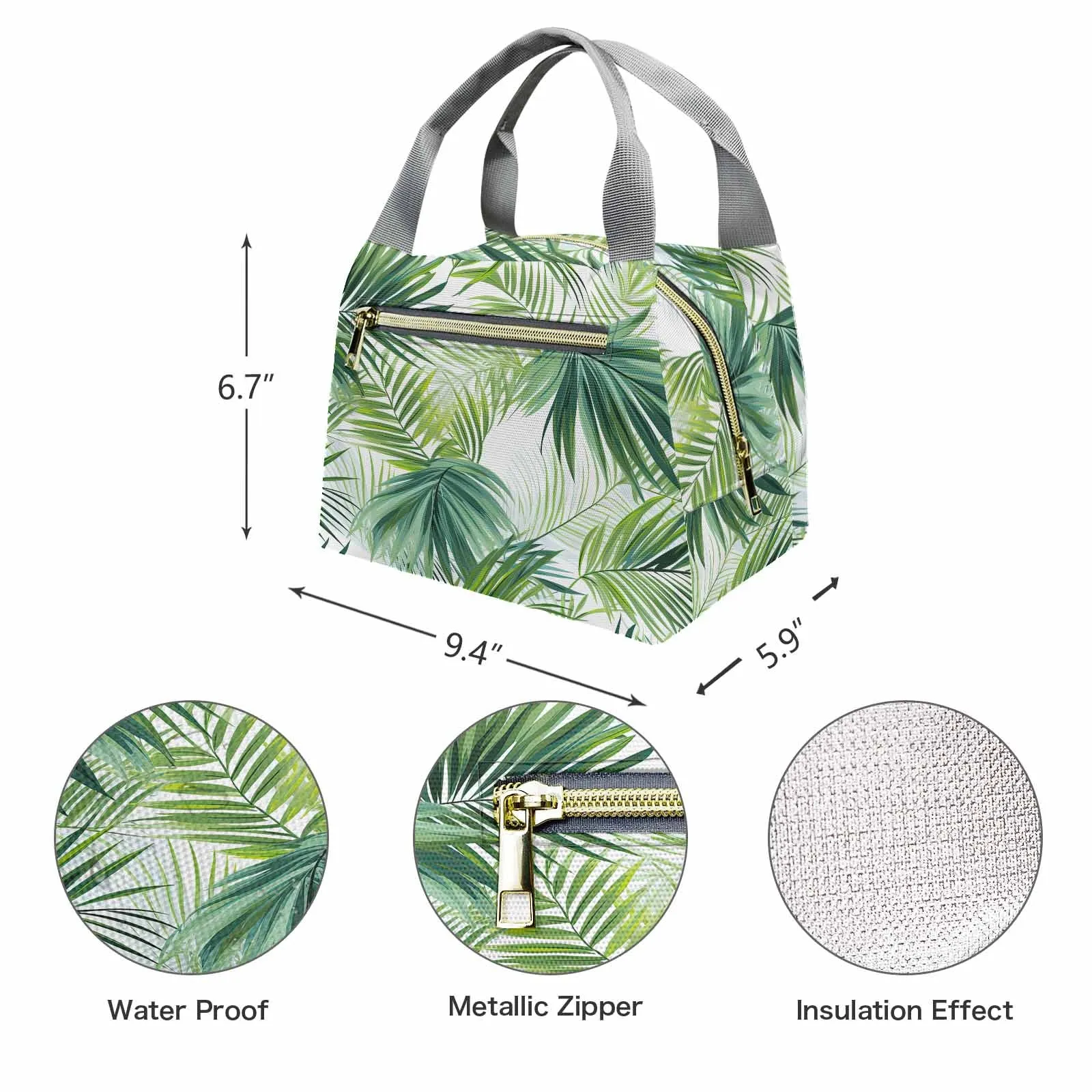 Green Palm Leaves  Portable Lunch Bag-Grey Handle