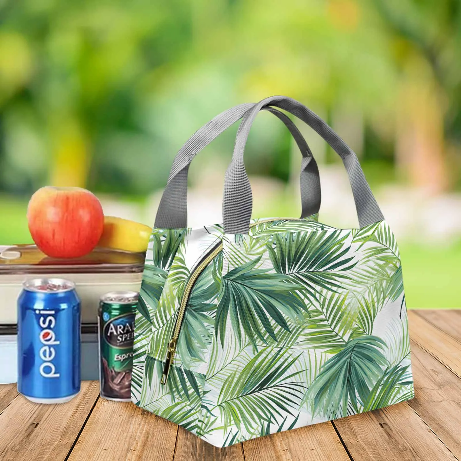 Green Palm Leaves  Portable Lunch Bag-Grey Handle