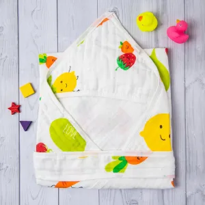 Hooded Wrapper 100% Muslin Cotton Fun With Fruits White