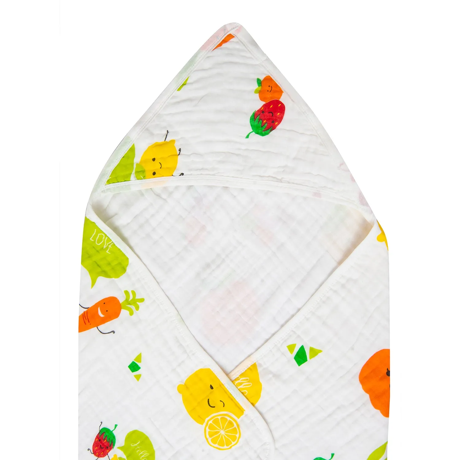 Hooded Wrapper 100% Muslin Cotton Fun With Fruits White