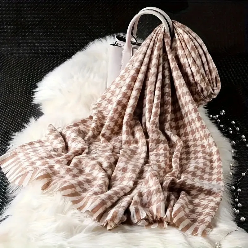 Large Houndstooth Scarf Shawl - Soft, Warm, Stretchy, Elegant Cold Weather Scarves & Wraps with Tassel for Autumn Winter - Versatile Neck Protection, Coldproof Blanket Scarf for Outdoor Activities