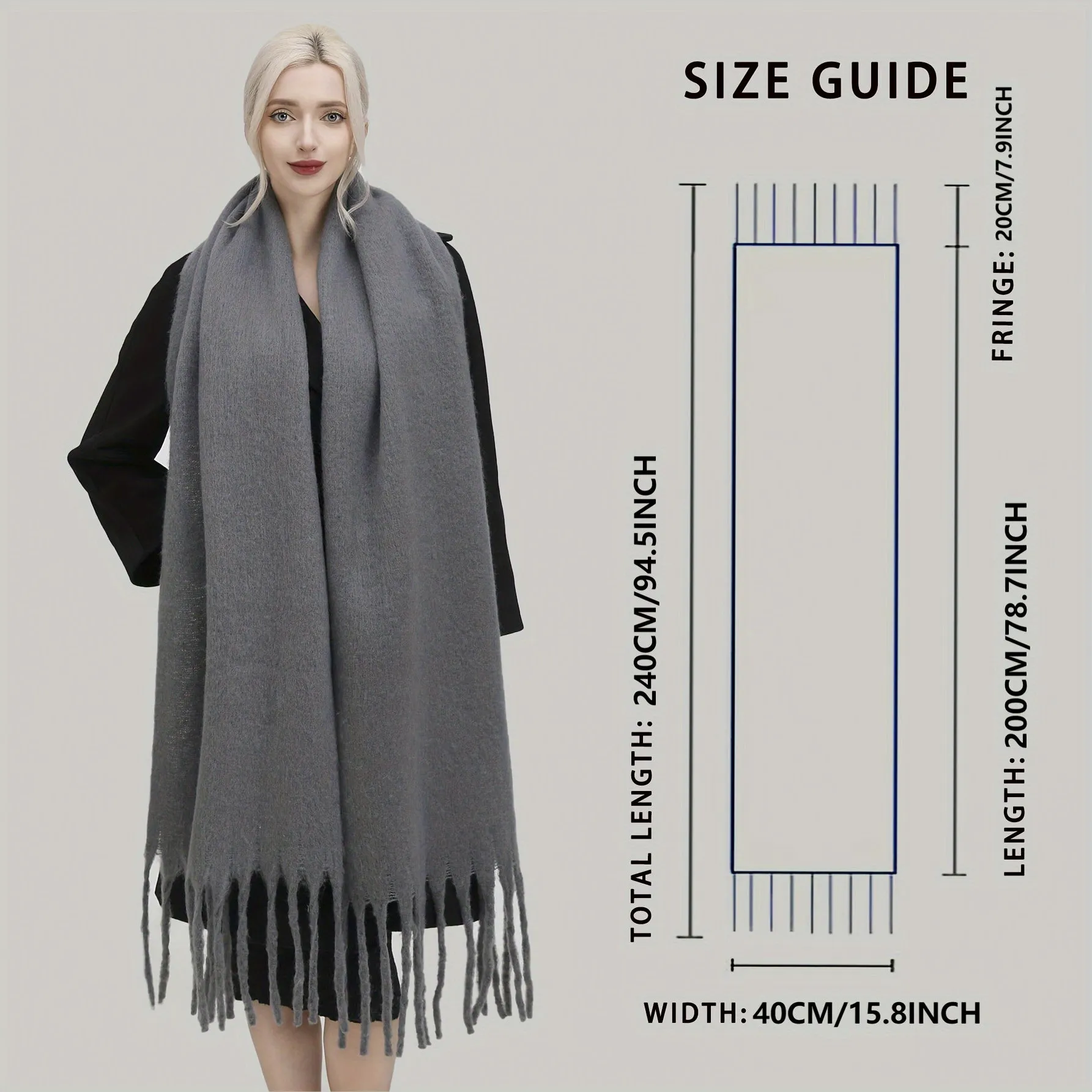 Large Solid Color Chunky Shawl Scarf - Soft, Windproof, Thick, Coldproof, and Warm Wrap for Women - Perfect for Autumn and Winter, Mature, Casual, Inelastic, Polyester, No Feathers, Basics