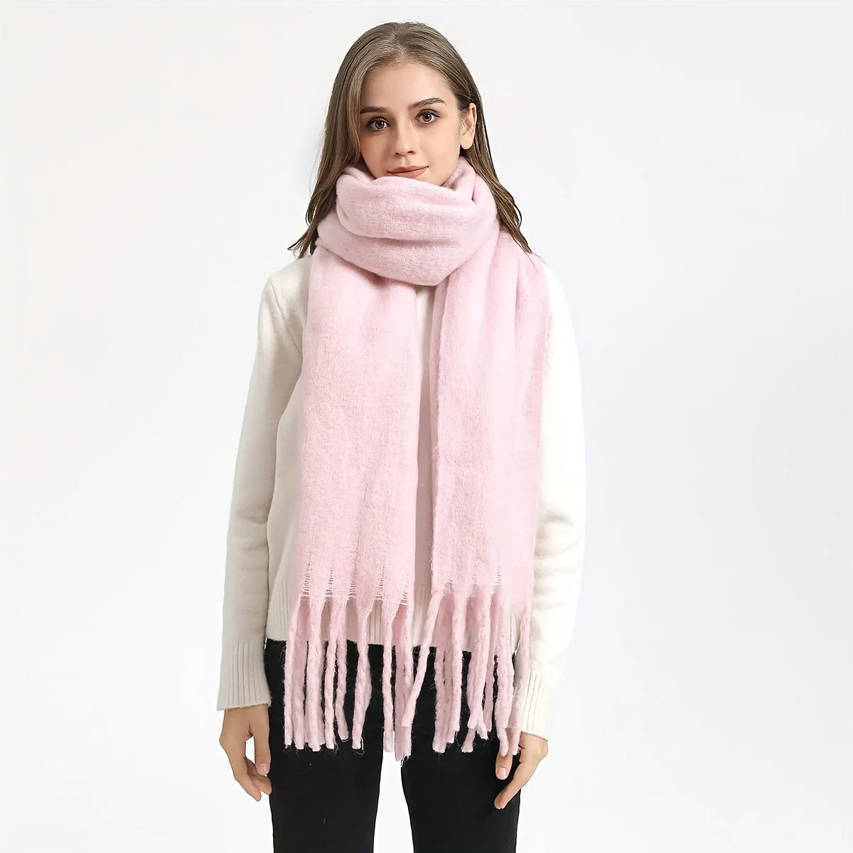 Large Solid Color Chunky Shawl Scarf - Soft, Windproof, Thick, Coldproof, and Warm Wrap for Women - Perfect for Autumn and Winter, Mature, Casual, Inelastic, Polyester, No Feathers, Basics