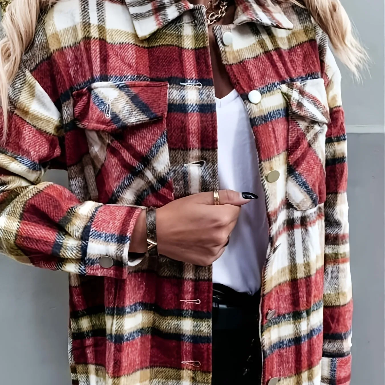 Long Sleeve Plaid Shirt Button Up Casual Plaid Jacket