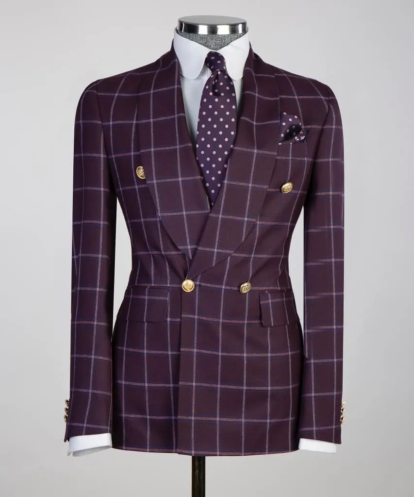 Maroon Double-Breasted Check Suit