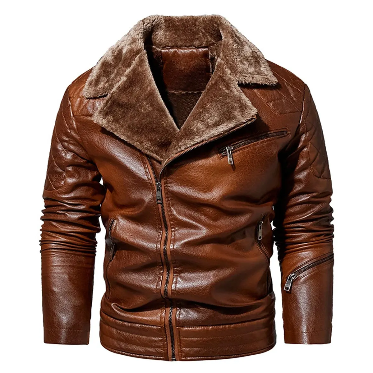 Men’s Biker Brown Genuine Sheepskin Faux Fur Motorcycle Rider Windproof Leather Jackets