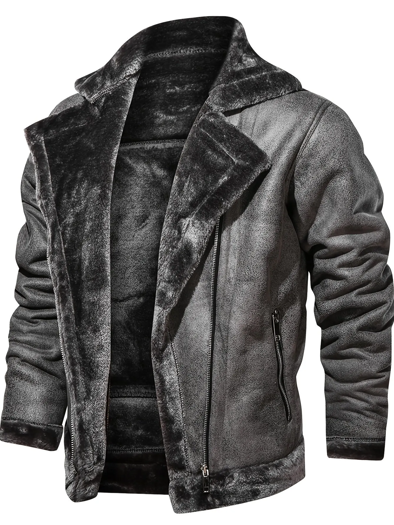 Men's Casual Solid Color Fleece Thickened Faux Leather Jacket