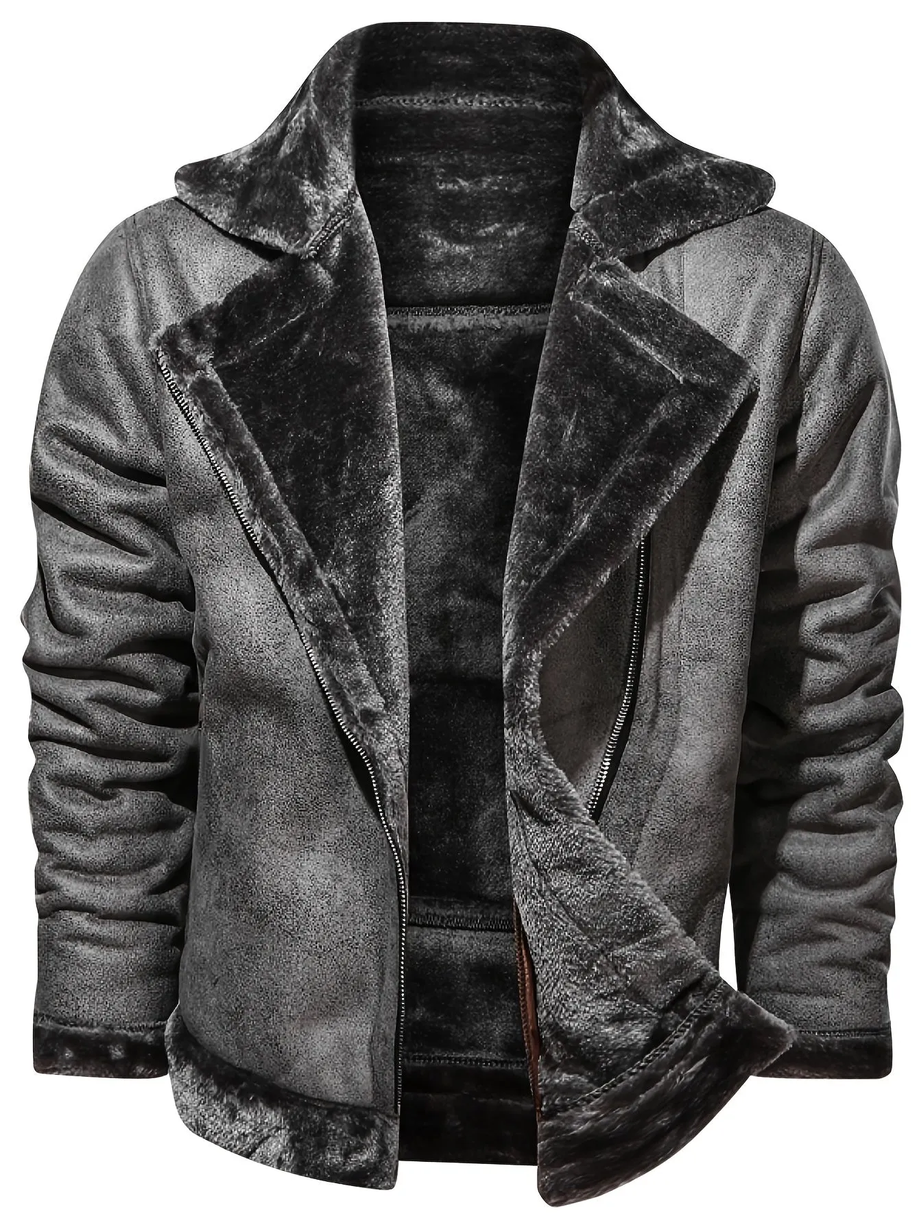 Men's Casual Solid Color Fleece Thickened Faux Leather Jacket