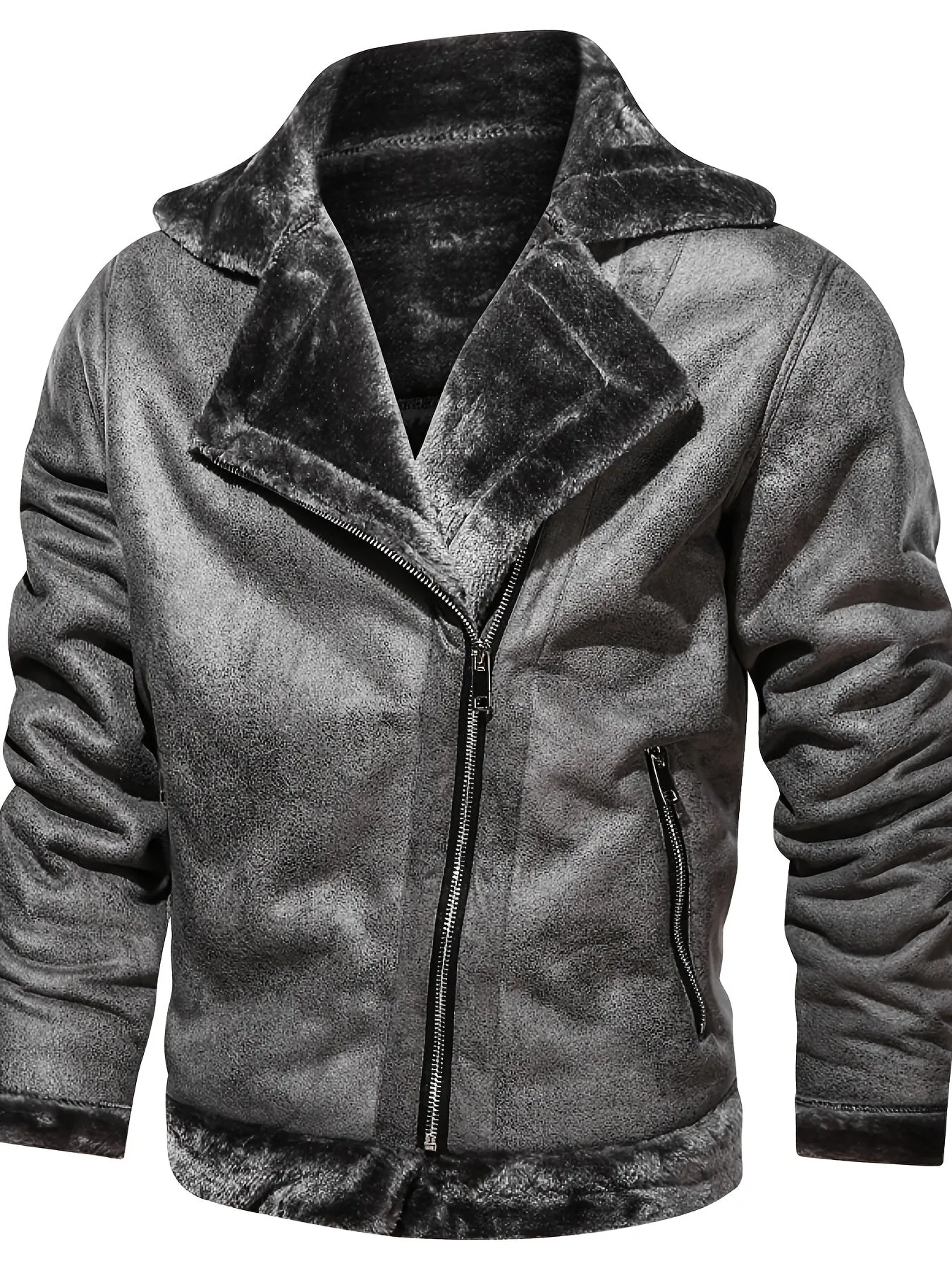 Men's Casual Solid Color Fleece Thickened Faux Leather Jacket