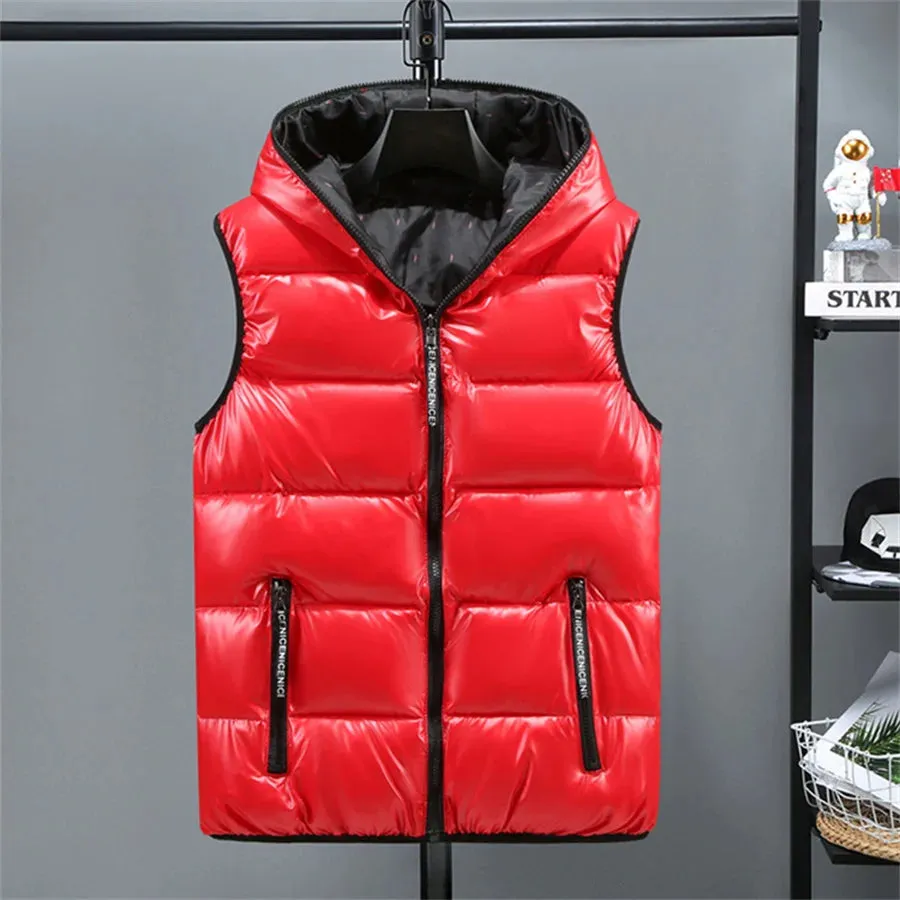 Men's Glossy Hooded Winter Vest Waterproof & Warm