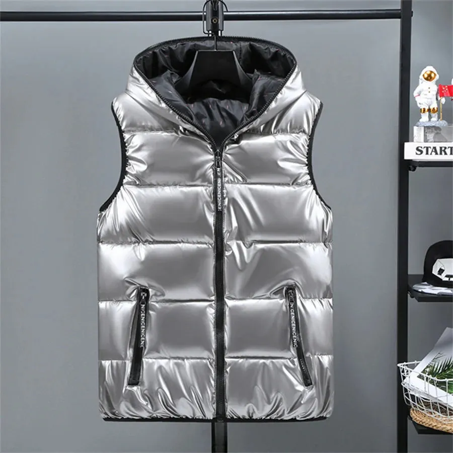 Men's Glossy Hooded Winter Vest Waterproof & Warm