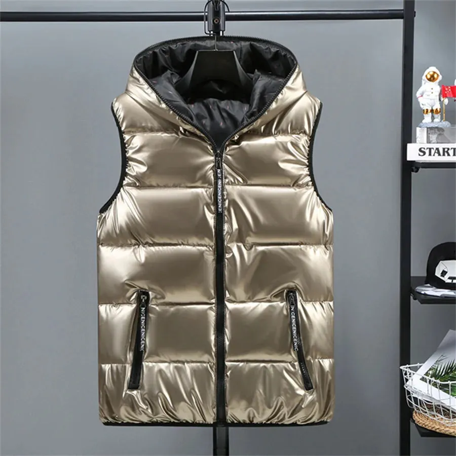 Men's Glossy Hooded Winter Vest Waterproof & Warm