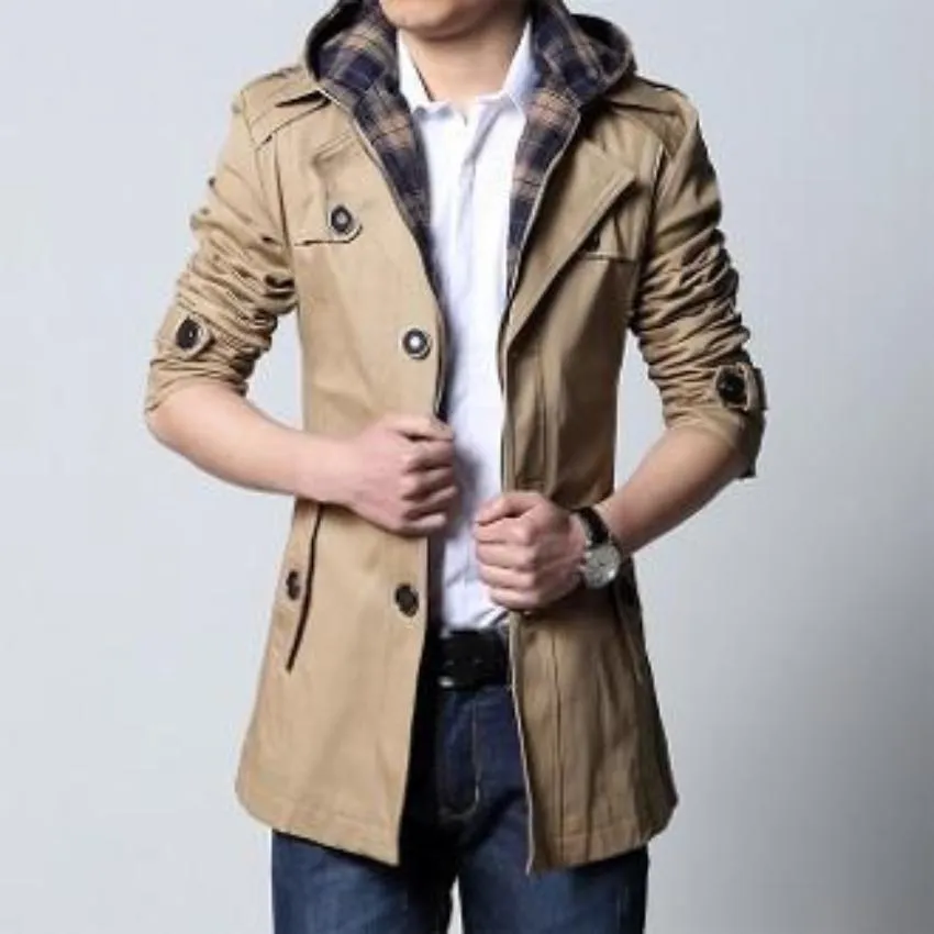 Mens Khaki Removable Hooded Trench Jacket