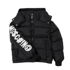 Moschino Kids Black Embroidered Slogan Logo Puffer Jacket