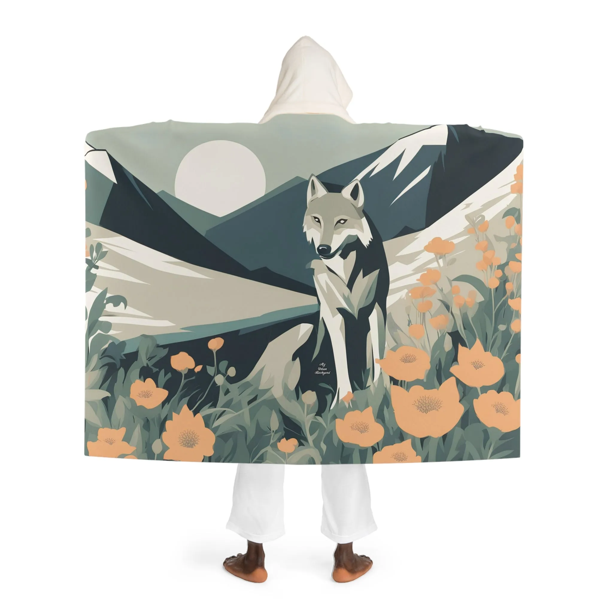 Mountain Wolf, Cozy Hooded Sherpa Fleece Blanket