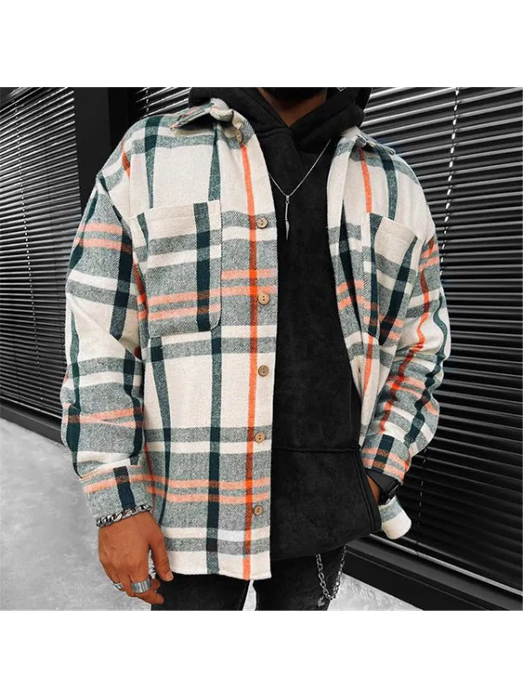 New Thick Shirt Long-Sleeved Plaid Colour Men'S Lapel Casual Jacket