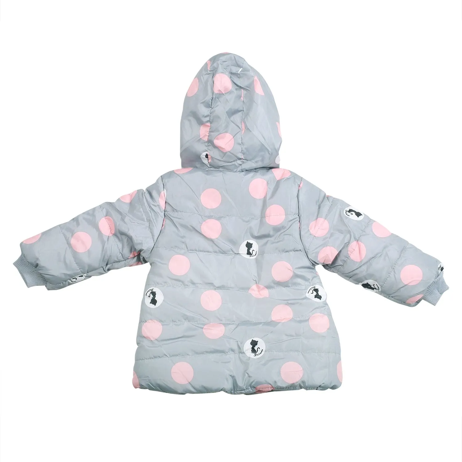 Polka Dotted Grey Hooded Full Sleeve Padded Jacket