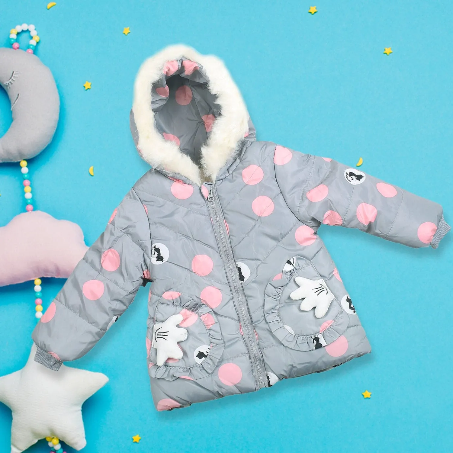 Polka Dotted Grey Hooded Full Sleeve Padded Jacket