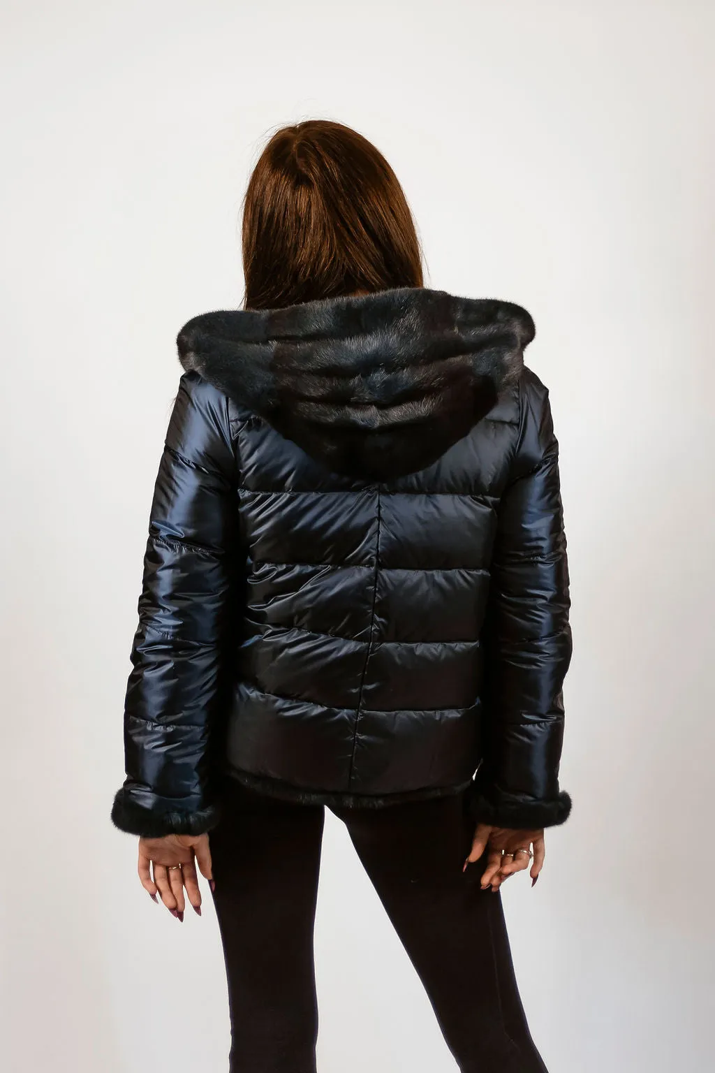 "Stellar Blue" mink reversible to down-filled puffer jacket