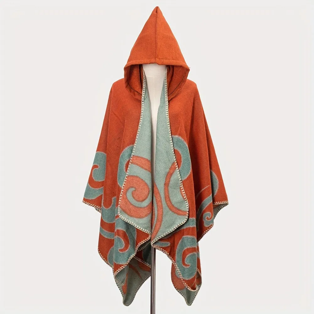 Retro Chic Large Wrap Cardigan - Women's Accessories - Soft, Warm, Windproof, Geometric Print Shawl with Hood for Casual Outdoor Travel and Holiday - Perfect for Cold Weather