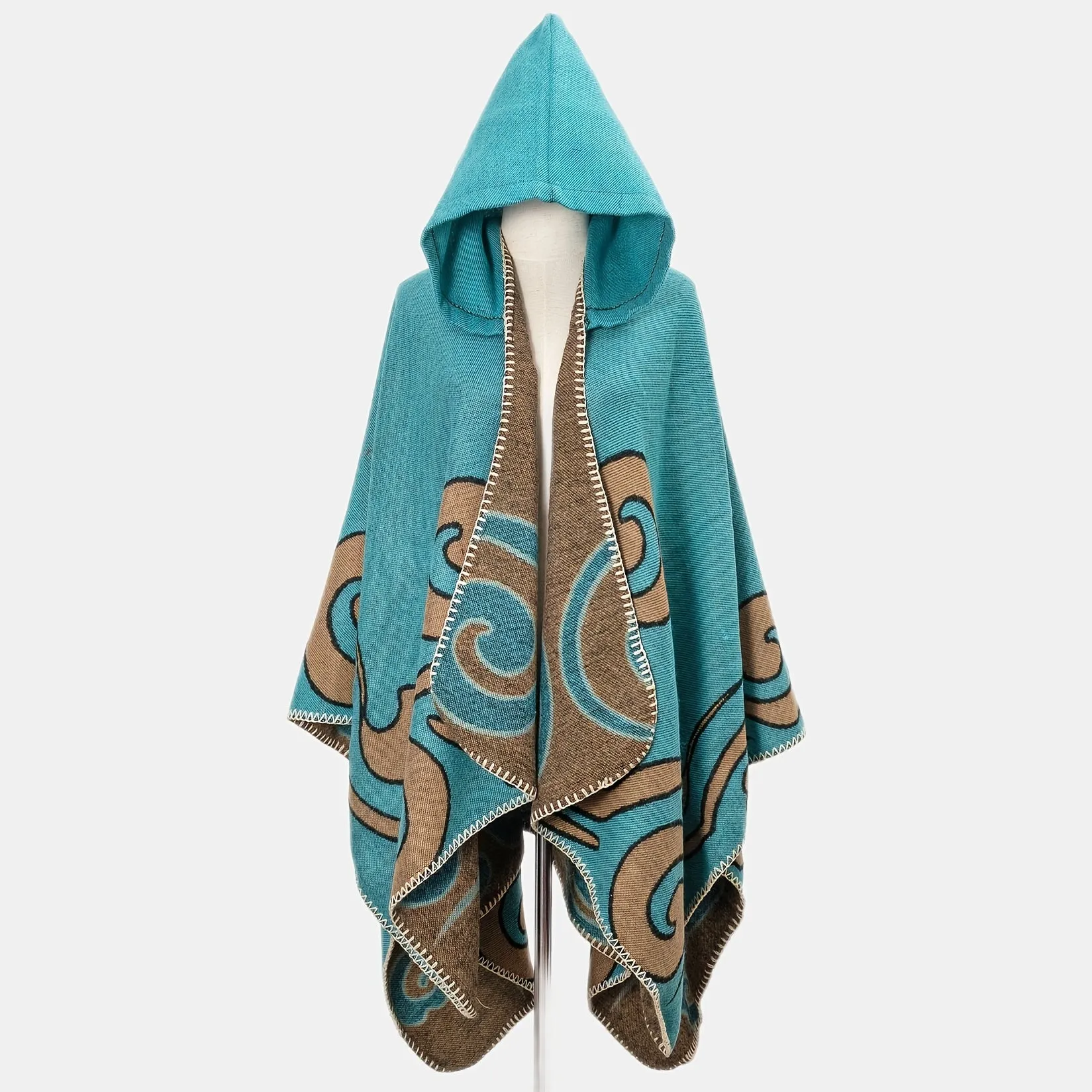 Retro Chic Large Wrap Cardigan - Women's Accessories - Soft, Warm, Windproof, Geometric Print Shawl with Hood for Casual Outdoor Travel and Holiday - Perfect for Cold Weather